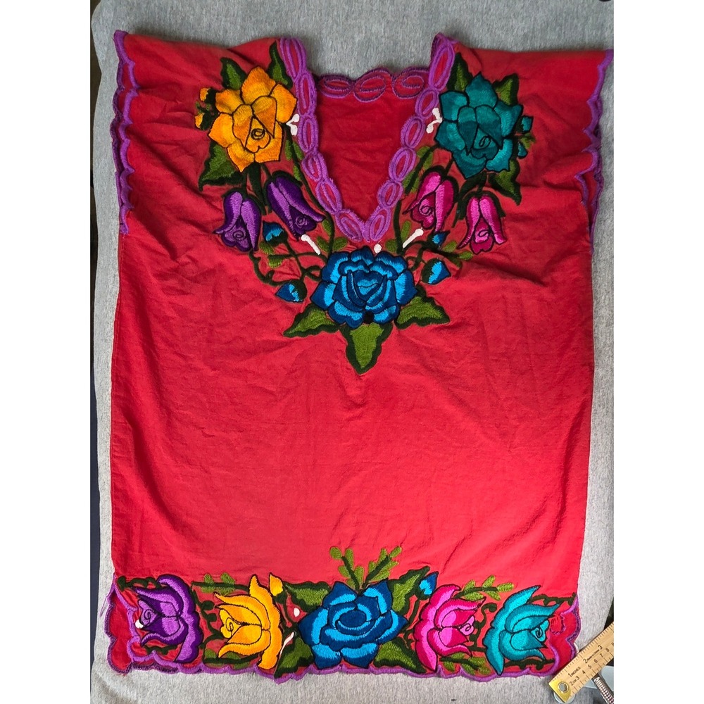 Mexican Huipil Embroidered Floral Boho Blouse Red Sleeveless Artisanal Top